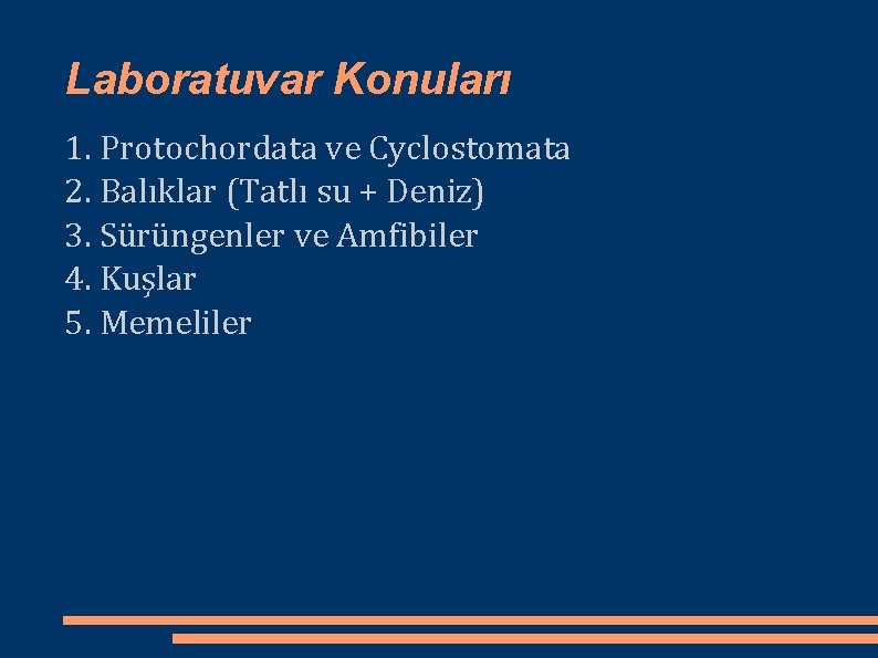 Laboratuvar Konuları 1. Protochordata ve Cyclostomata 2. Balıklar (Tatlı su + Deniz) 3. Sürüngenler