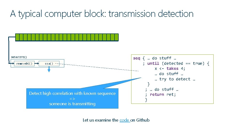 A typical computer block: transmission detection Detect. STS() remove. DC() cca() Detect high correlation