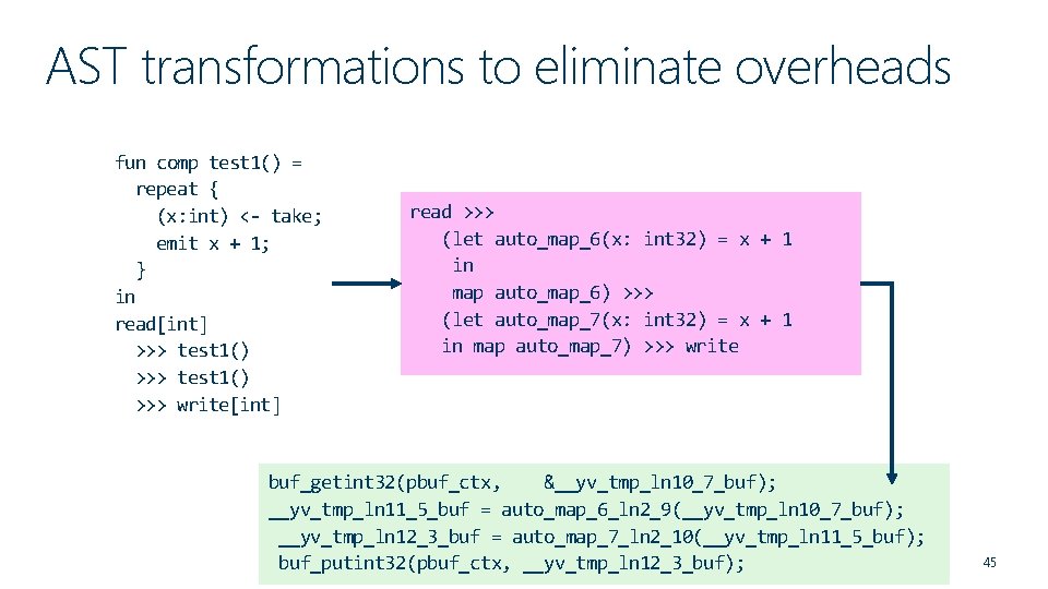 AST transformations to eliminate overheads fun comp test 1() = repeat { (x: int)