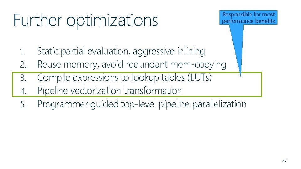 Further optimizations 1. 2. 3. 4. 5. Responsible for most performance benefits Static partial
