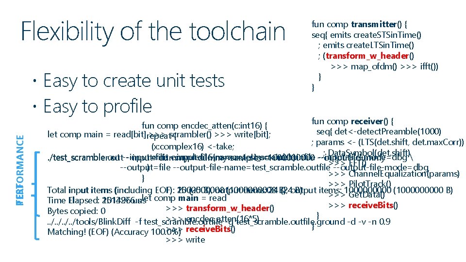 Flexibility of the toolchain TEST PERFORMANCE Easy to create unit tests Easy to profile