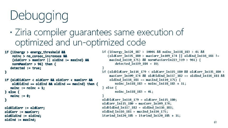 Debugging Ziria compiler guarantees same execution of optimized and un-optimized code Debugging in C