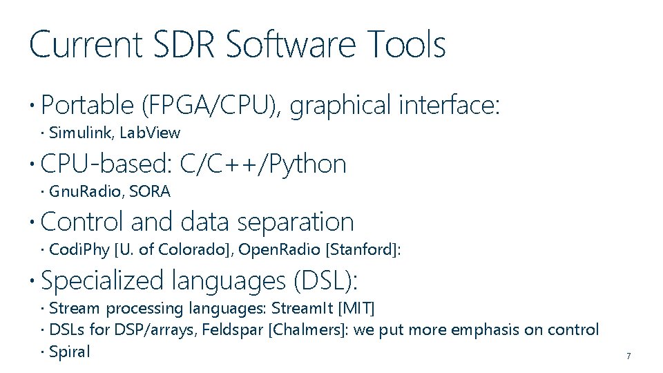 Current SDR Software Tools Portable (FPGA/CPU), graphical interface: Simulink, Lab. View CPU-based: C/C++/Python Gnu.