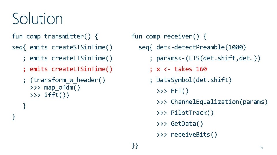 Solution fun comp transmitter() { fun comp receiver() { seq{ emits create. STSin. Time()