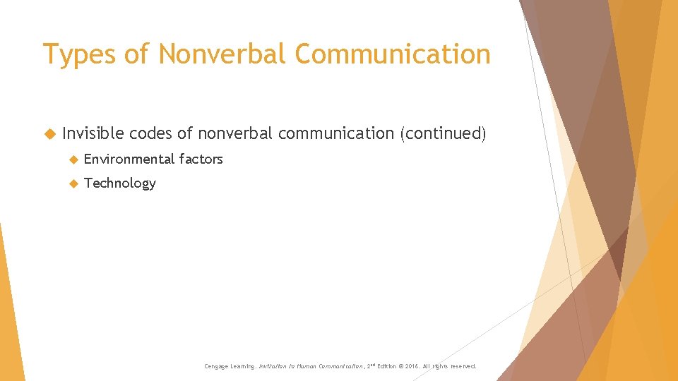 Types of Nonverbal Communication Invisible codes of nonverbal communication (continued) Environmental factors Technology Cengage