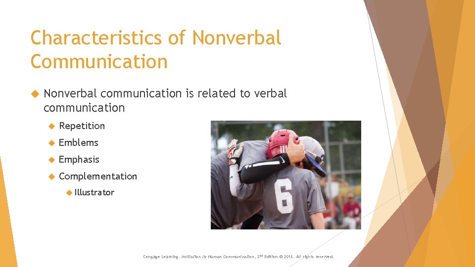 Characteristics of Nonverbal Communication Nonverbal communication is related to verbal communication Repetition Emblems Emphasis