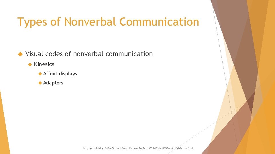 Types of Nonverbal Communication Visual codes of nonverbal communication Kinesics Affect displays Adaptors Cengage