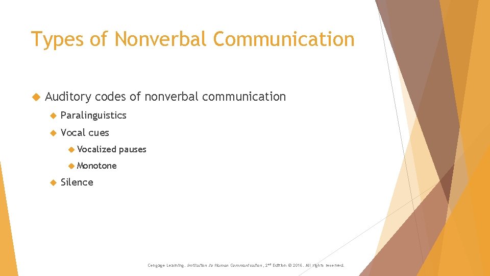 Types of Nonverbal Communication Auditory codes of nonverbal communication Paralinguistics Vocal cues Vocalized pauses