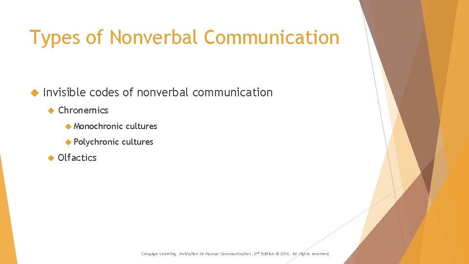 Types of Nonverbal Communication Invisible codes of nonverbal communication Chronemics Monochronic Polychronic cultures Olfactics