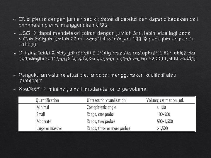  Efusi pleura dengan jumlah sedikit dapat di deteksi dan dapat dibedakan dari penebalan