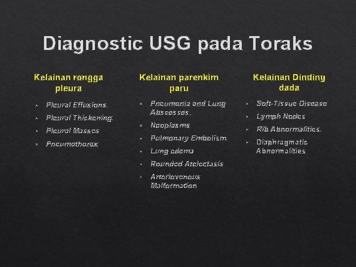 Diagnostic USG pada Toraks Kelainan rongga pleura • Pleural Effusions. • Pleural Thickening. •