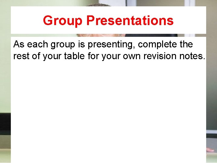 Group Presentations As each group is presenting, complete the rest of your table for