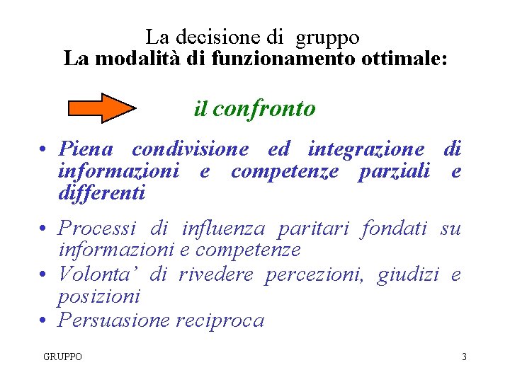 La decisione di gruppo La modalità di funzionamento ottimale: il confronto • Piena condivisione