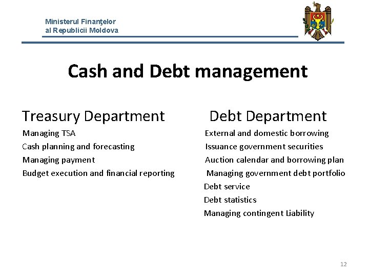 Ministerul Finanţelor al Republicii Moldova Cash and Debt management Treasury Department Managing TSA Cash