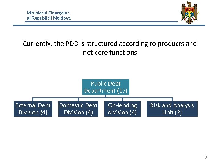 Ministerul Finanţelor al Republicii Moldova Currently, the PDD is structured according to products and