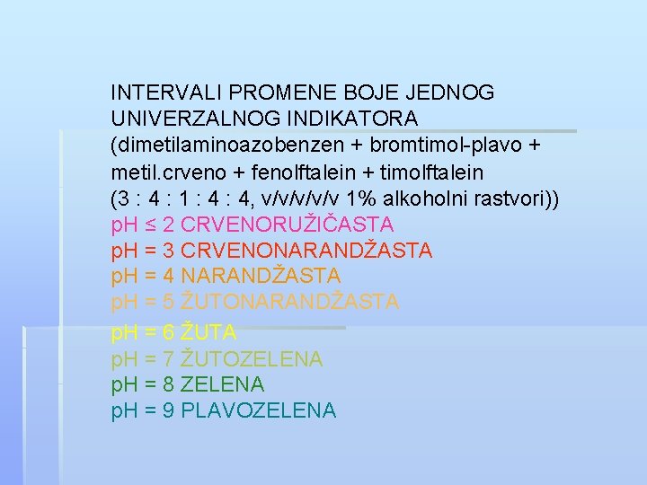 INTERVALI PROMENE BOJE JEDNOG UNIVERZALNOG INDIKATORA (dimetilaminoazobenzen + bromtimol-plavo + metil. crveno + fenolftalein