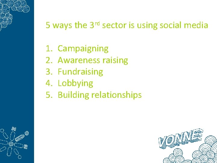 5 ways the 3 rd sector is using social media 1. 2. 3. 4.