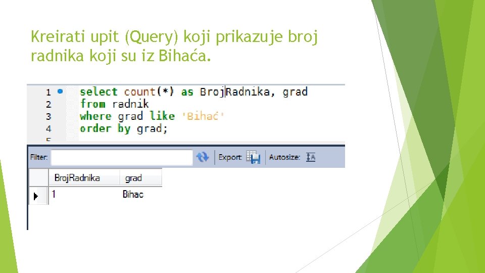 Kreirati upit (Query) koji prikazuje broj radnika koji su iz Bihaća. Kreirati upit (Query) koji prikazuje broj radnika koji su iz Bihaća.
