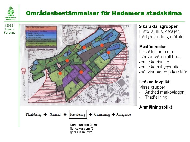 Områdesbestämmelser för Hedemora stadskärna 120531 Hanna Forslund 9 karaktärsgrupper: Historia, hus, detaljer, trädgård, uthus,