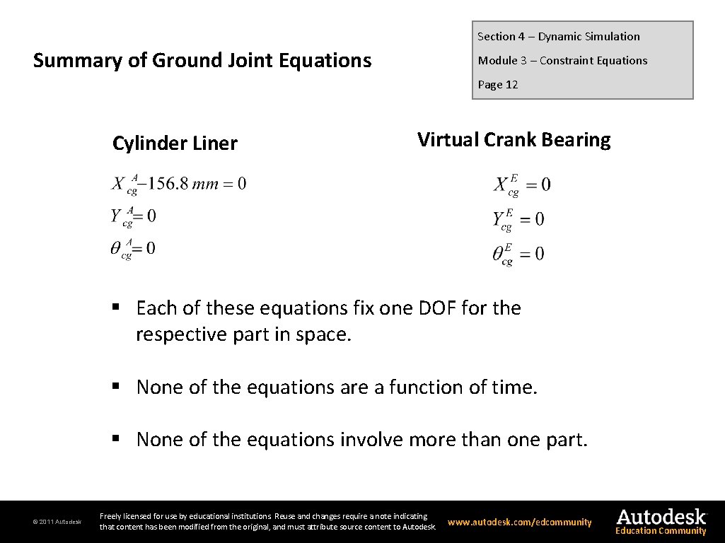 Section 4 – Dynamic Simulation Summary of Ground Joint Equations Module 3 – Constraint