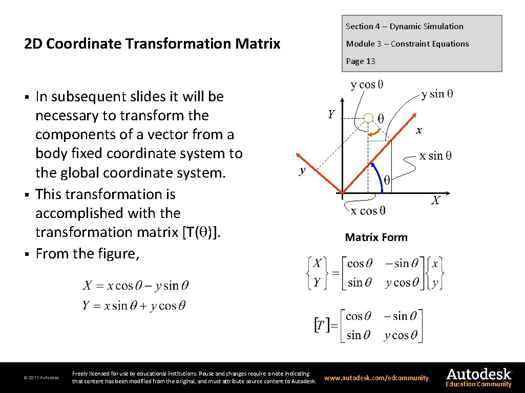 Section 4 – Dynamic Simulation 2 D Coordinate Transformation Matrix Module 3 – Constraint