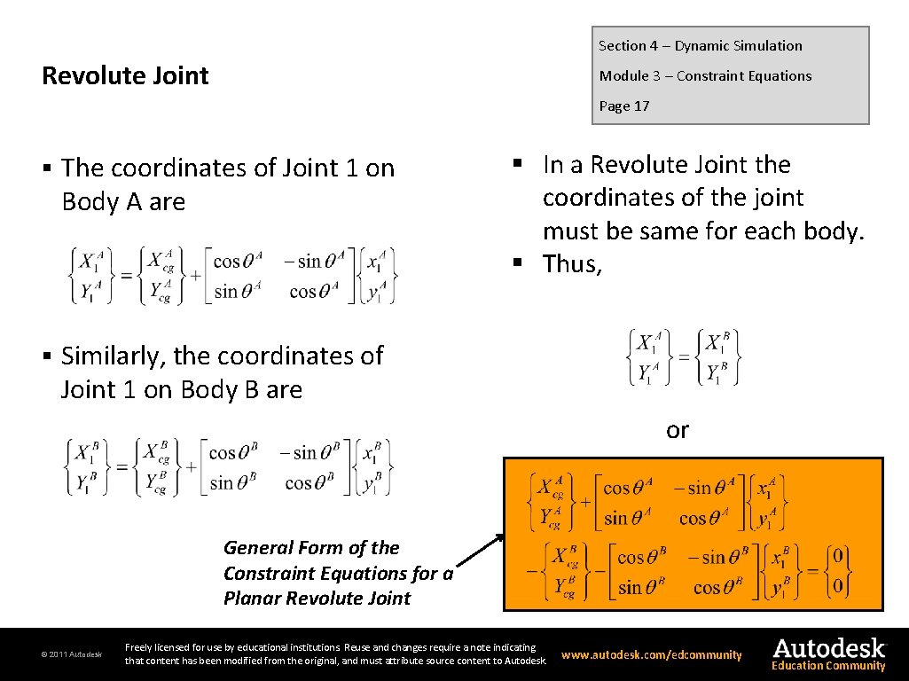 Section 4 – Dynamic Simulation Revolute Joint Module 3 – Constraint Equations Page 17