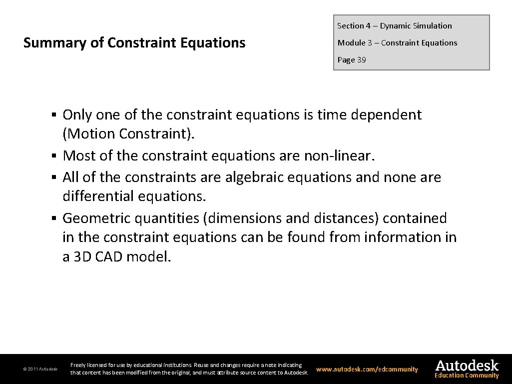 Section 4 – Dynamic Simulation Summary of Constraint Equations Module 3 – Constraint Equations