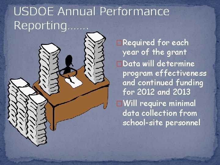 USDOE Annual Performance Reporting……. �Required for each year of the grant �Data will determine