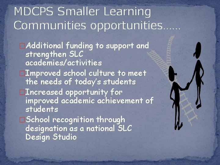 MDCPS Smaller Learning Communities opportunities…… �Additional funding to support and strengthen SLC academies/activities �Improved