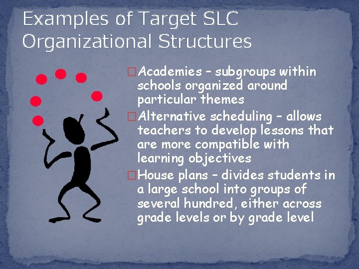 Examples of Target SLC Organizational Structures �Academies – subgroups within schools organized around particular