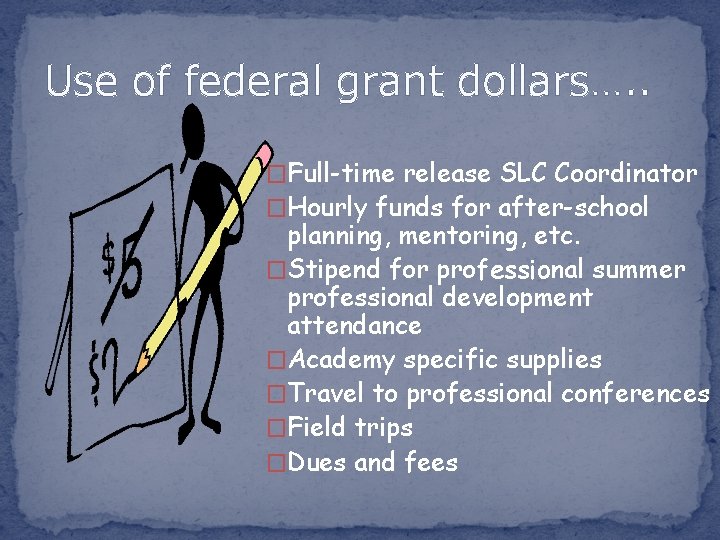 Use of federal grant dollars…. . �Full-time release SLC Coordinator �Hourly funds for after-school