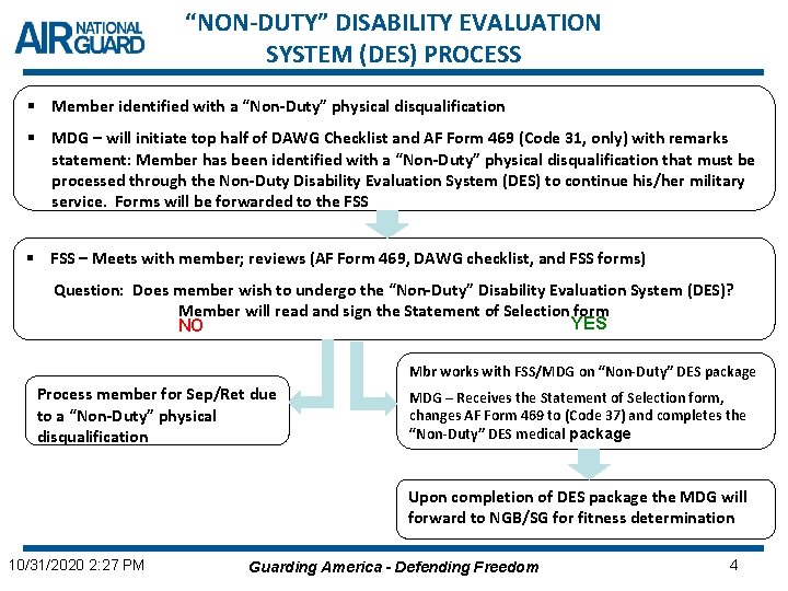 “NON-DUTY” DISABILITY EVALUATION SYSTEM (DES) PROCESS § Member identified with a “Non-Duty” physical disqualification