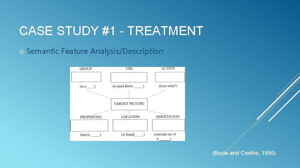 CASE STUDY #1 - TREATMENT Semantic Feature Analysis/Description (Boyle and Coelho, 1995) 