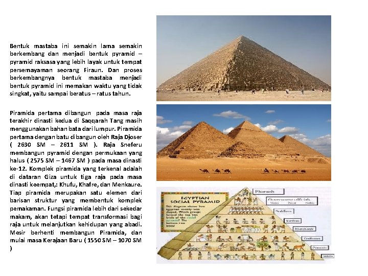 Bentuk mastaba ini semakin lama semakin berkembang dan menjadi bentuk pyramid – pyramid raksasa