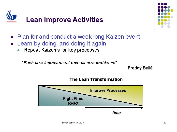 Lean Improve Activities l l Plan for and conduct a week long Kaizen event