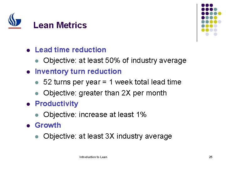 Lean Metrics l l Lead time reduction l Objective: at least 50% of industry