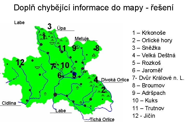 Doplň chybějící informace do mapy - řešení Labe Úpa Metuje Cidlina Labe 1 –