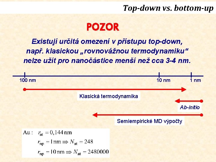 Top-down vs. bottom-up POZOR Existují určitá omezení v přístupu top-down, např. klasickou „rovnovážnou termodynamiku“