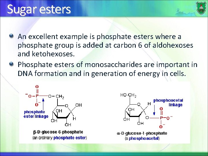 Sugar esters An excellent example is phosphate esters where a phosphate group is added