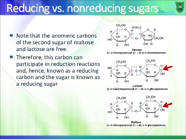Reducing vs. nonreducing sugars Note that the anomeric carbons of the second sugar of