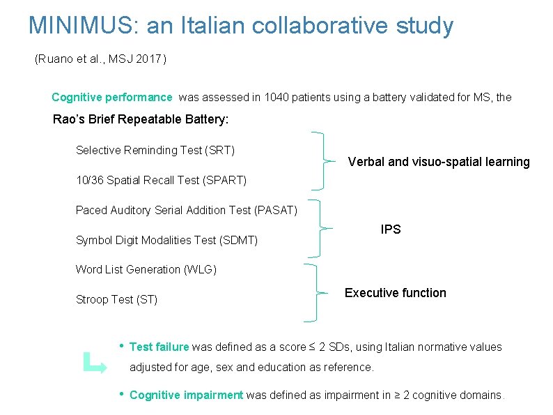 MINIMUS: an Italian collaborative study (Ruano et al. , MSJ 2017) Cognitive performance was