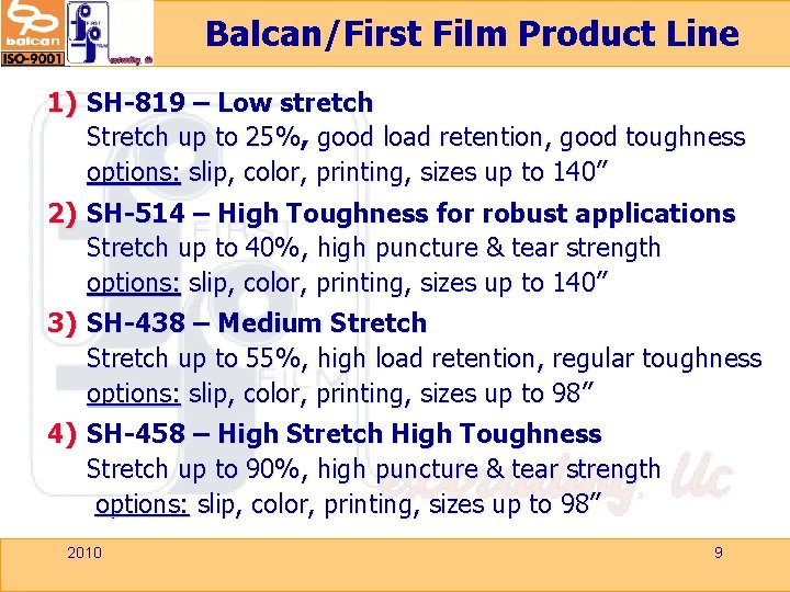 Balcan/First Film Product Line 1) SH-819 – Low stretch Stretch up to 25%, good