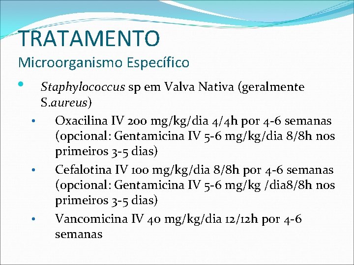 TRATAMENTO Microorganismo Específico • Staphylococcus sp em Valva Nativa (geralmente S. aureus) • Oxacilina