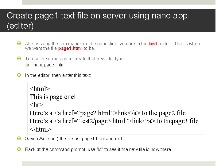 Create page 1 text file on server using nano app (editor) After issuing the