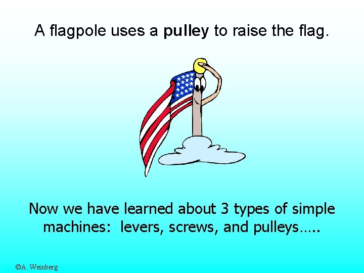 A flagpole uses a pulley to raise the flag. Now we have learned about
