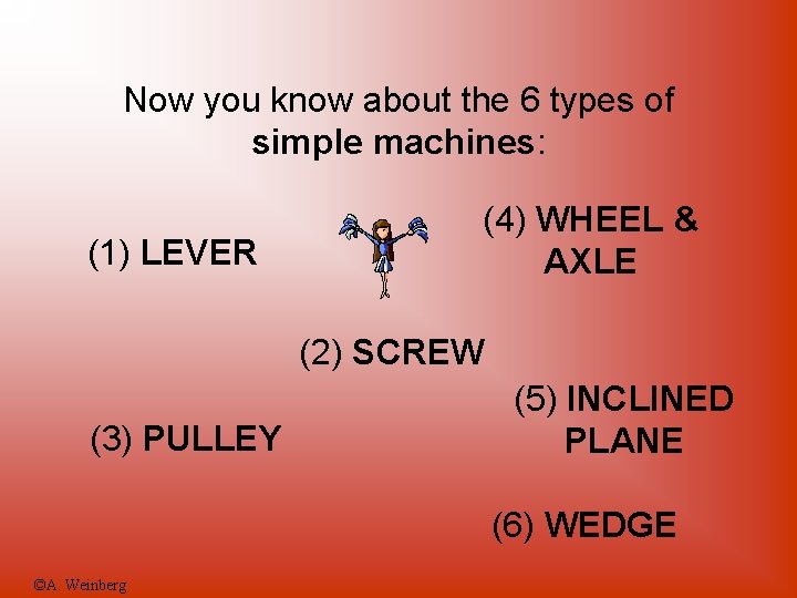 Now you know about the 6 types of simple machines: (1) LEVER (4) WHEEL