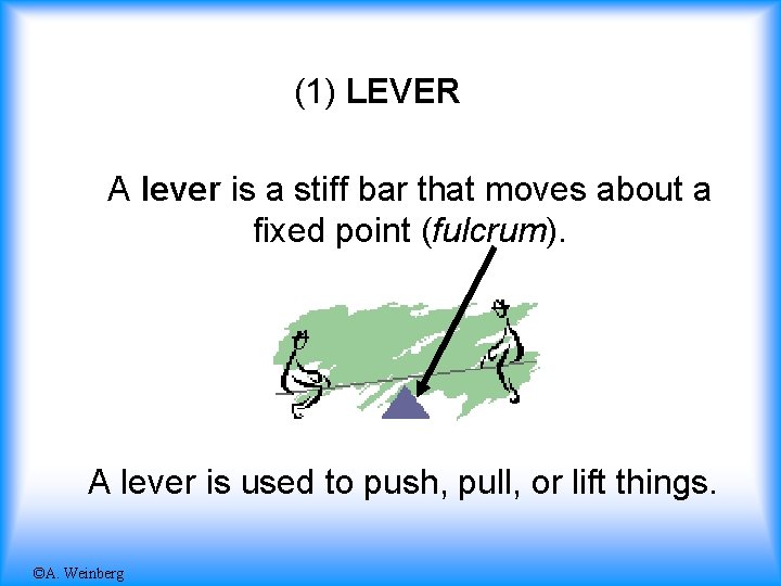 (1) LEVER A lever is a stiff bar that moves about a fixed point
