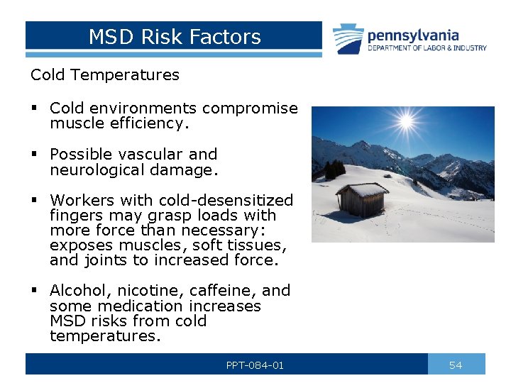 MSD Risk Factors Cold Temperatures § Cold environments compromise muscle efficiency. § Possible vascular