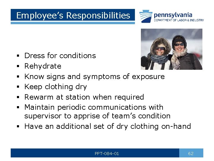 Employee’s Responsibilities Dress for conditions Rehydrate Know signs and symptoms of exposure Keep clothing