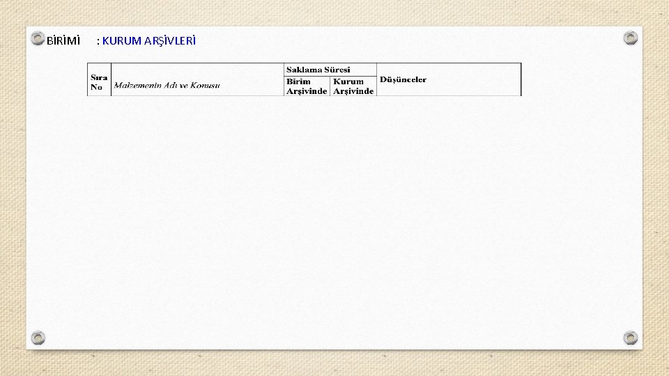 BİRİMİ : KURUM ARŞİVLERİ 
